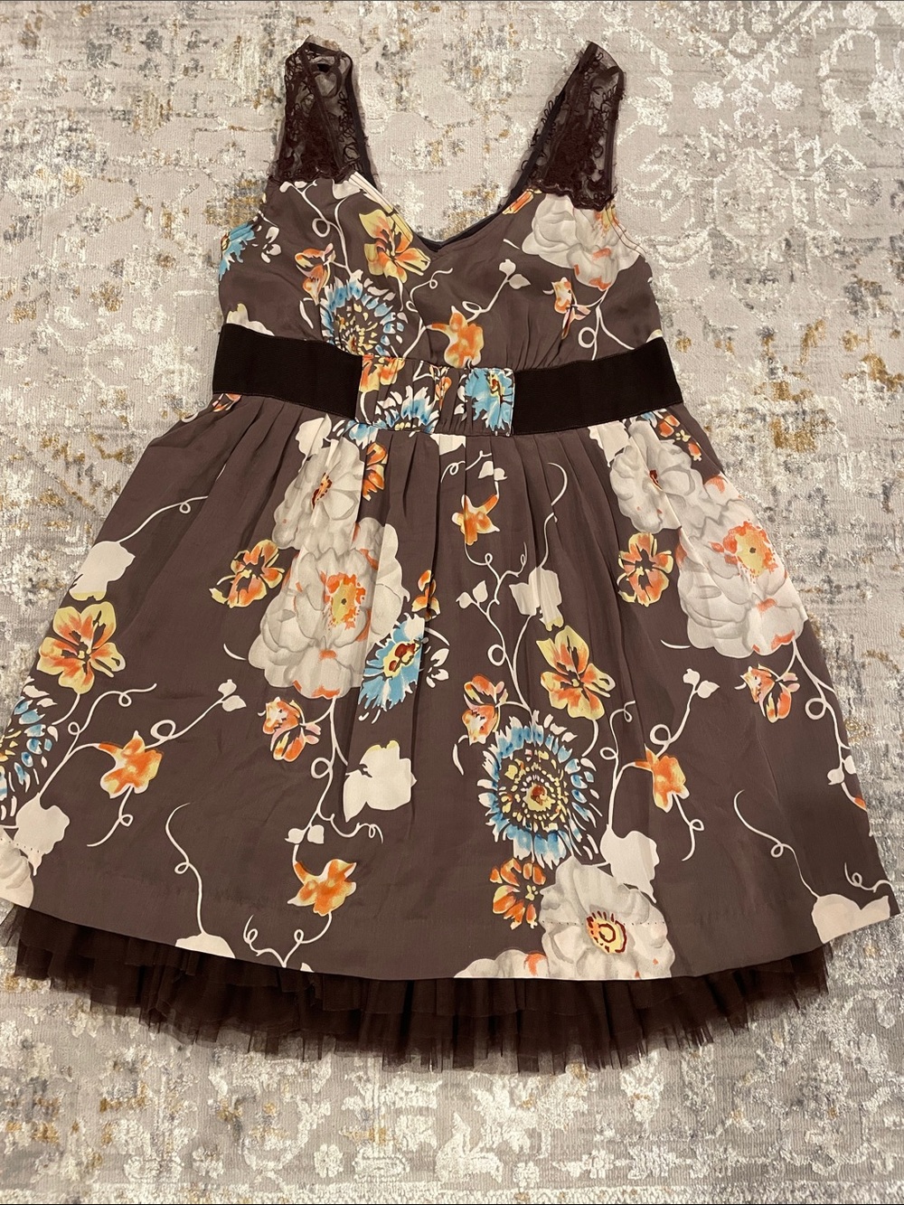 Free People Brown Floral Mini Dress with Brown Waistband